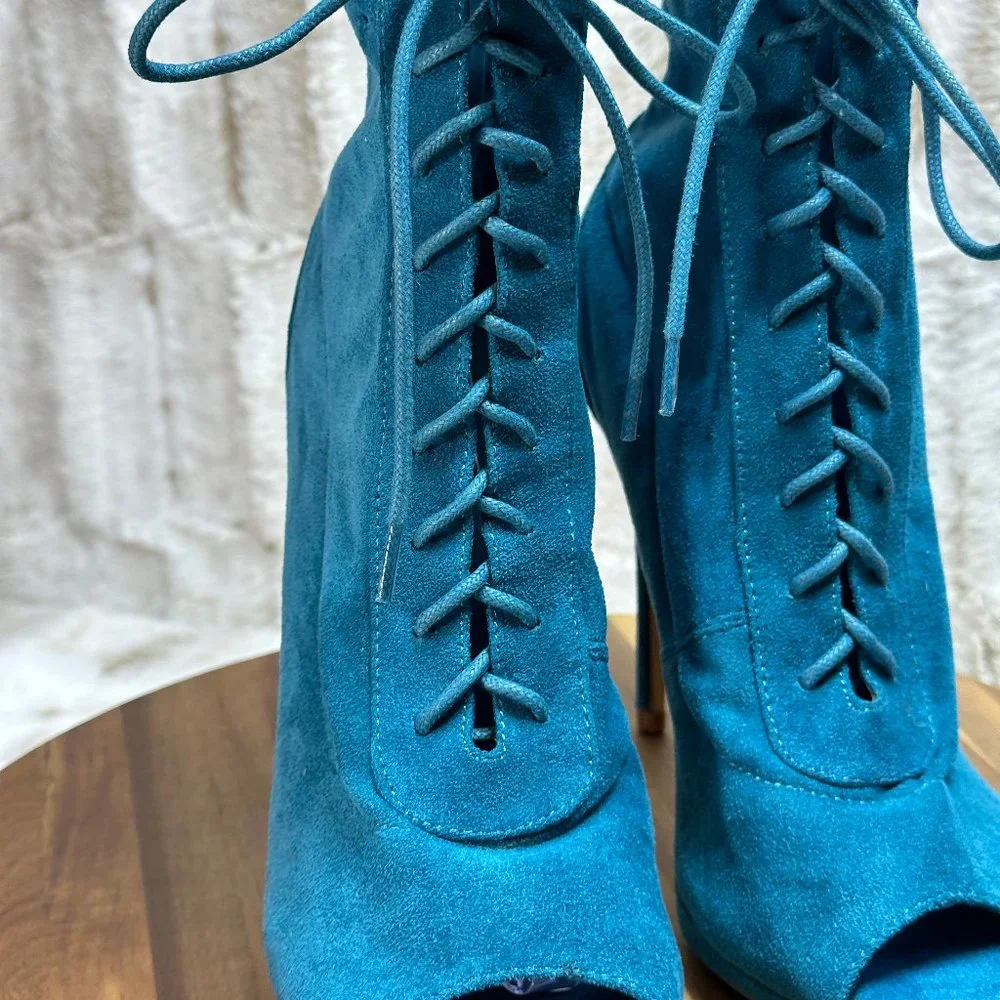 * So Me Teal Lace Up High Heel Ankle Boots - Picture 3 of 9
